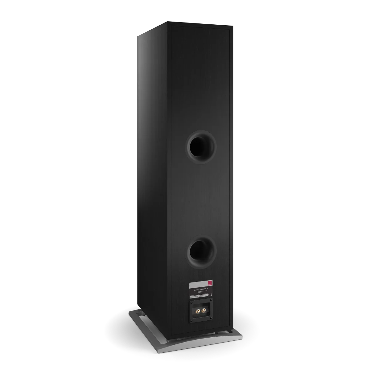 Spatele boxei Dali OBERON 9, culoare Black Ash, cu două porturi bass reflex și conectori pentru cabluri.