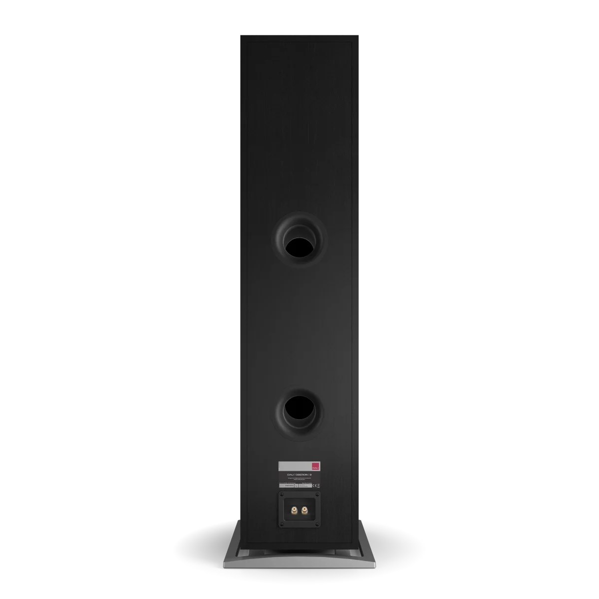 Spatele boxei Dali OBERON 9 Black Ash cu porturi bas reflex și conectori pentru cabluri audio.