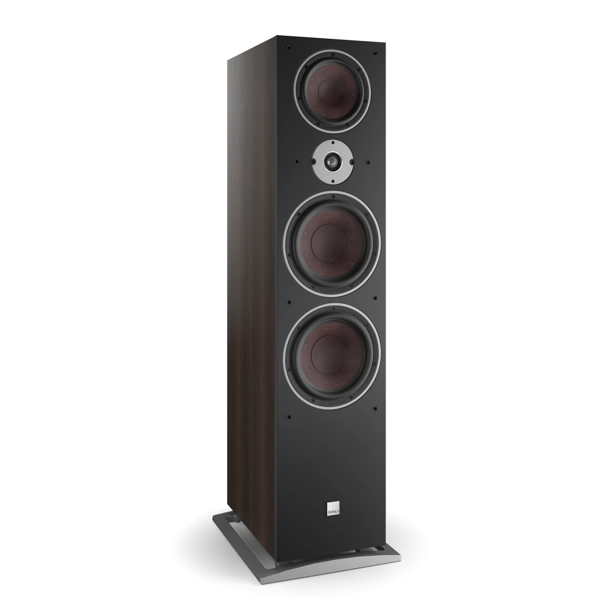Boxa de podea Dali OBERON 9, culoare nuc închis, vedere frontală, trei difuzoare mari vizibile.#color_dark-walnut