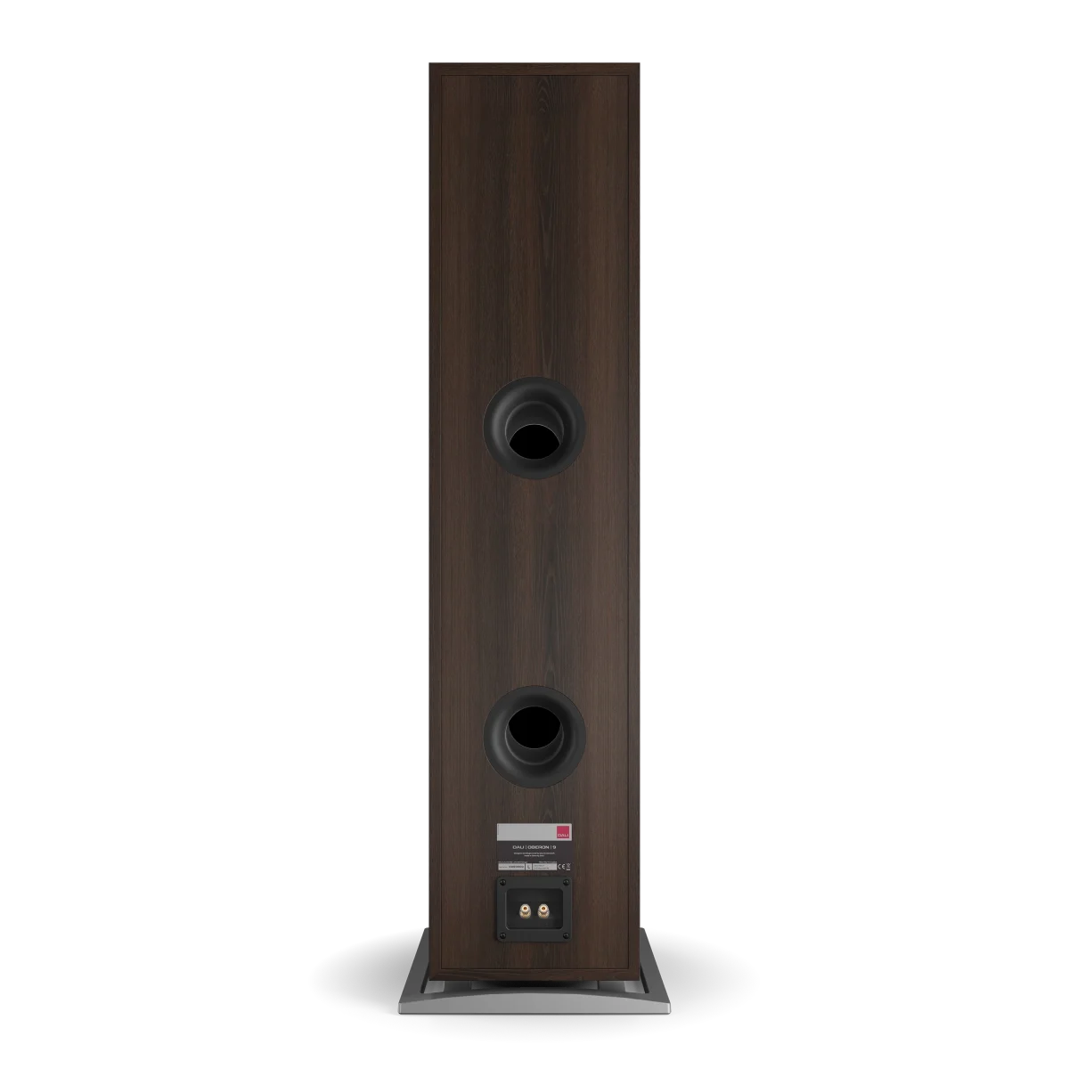 Spatele boxei Dali OBERON 9, culoare nuc închis, cu două porturi bass reflex și conectori pentru cabluri.
