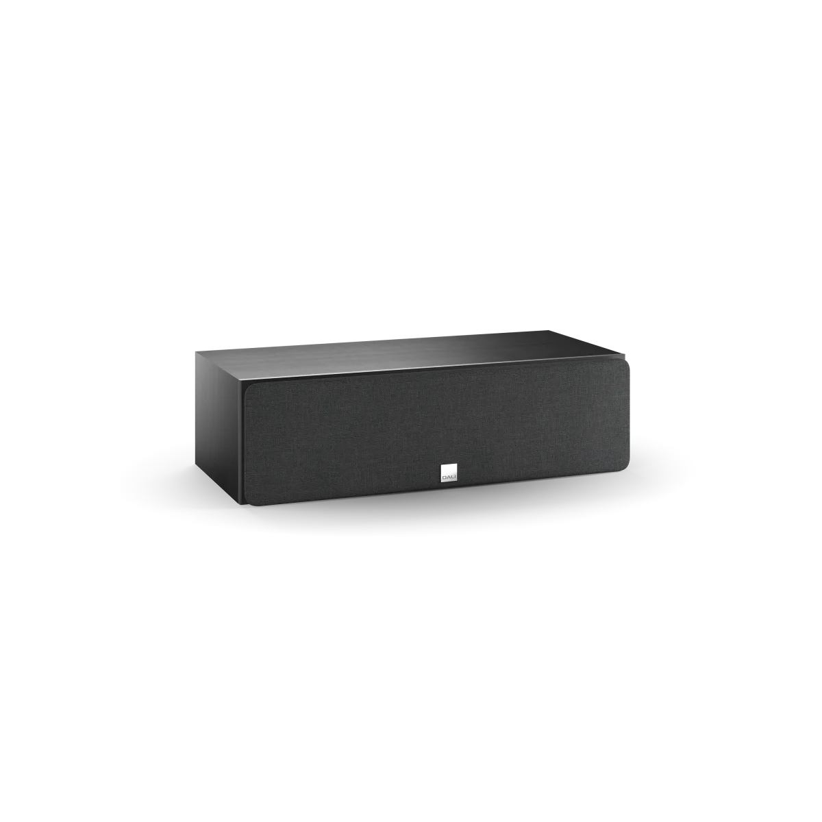 Boxa centrală Dali OBERON Grand Vokal, culoare Black Ash, cu grilaj frontal vizibil, unghi lateral.