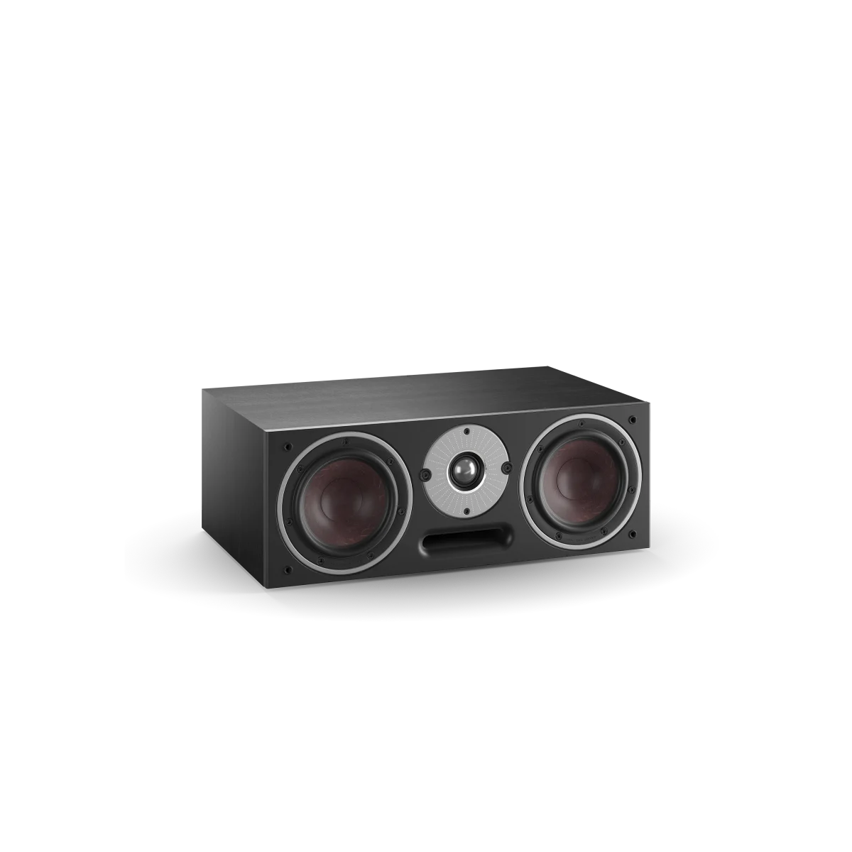 Boxă centrală Dali OBERON Vokal, culoare Black Ash, vedere frontală, cu două difuzoare și un tweeter.#color_black-ash