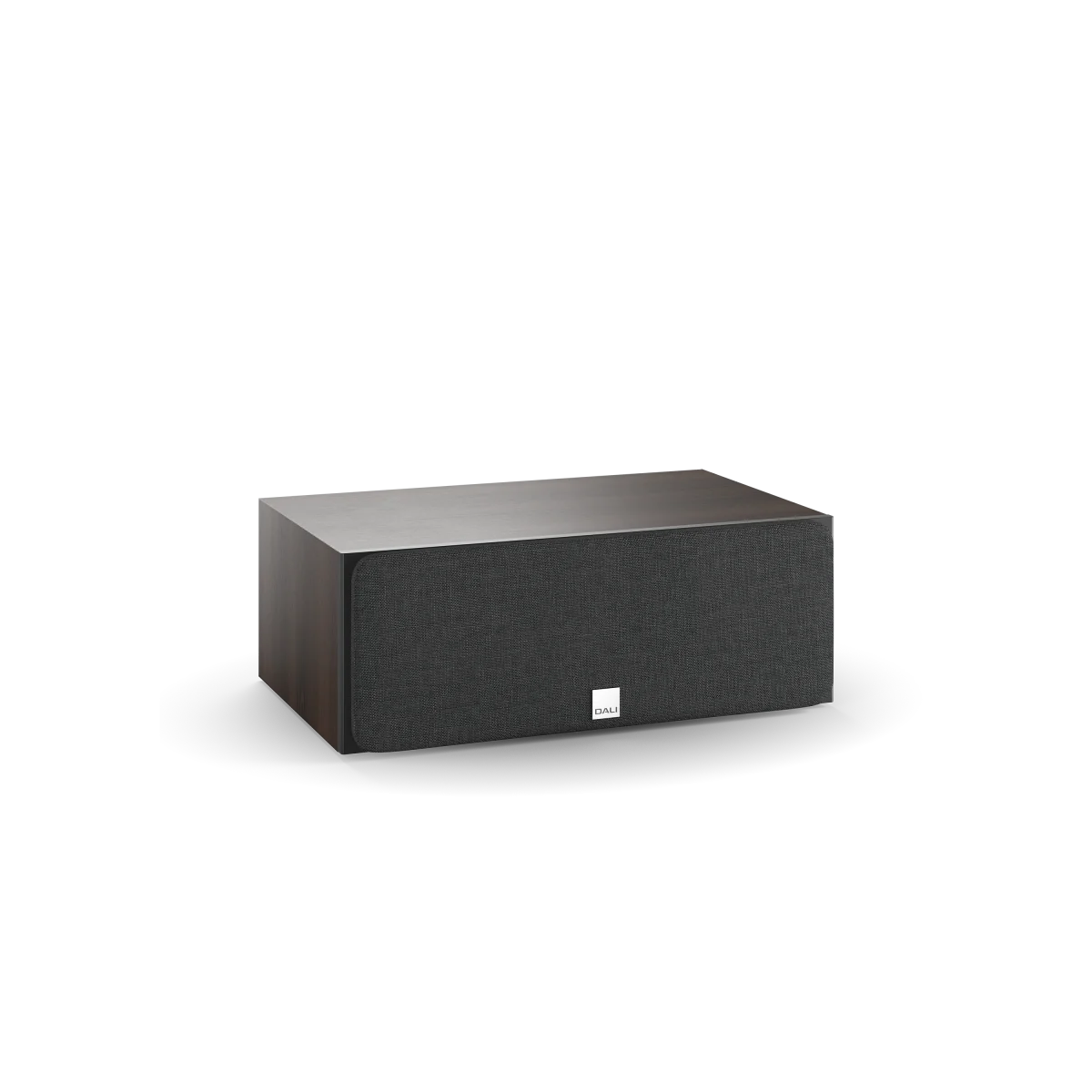 Boxă centru Dali OBERON Vokal, culoare dark walnut, cu grilaj frontal negru, vedere din față și lateral.