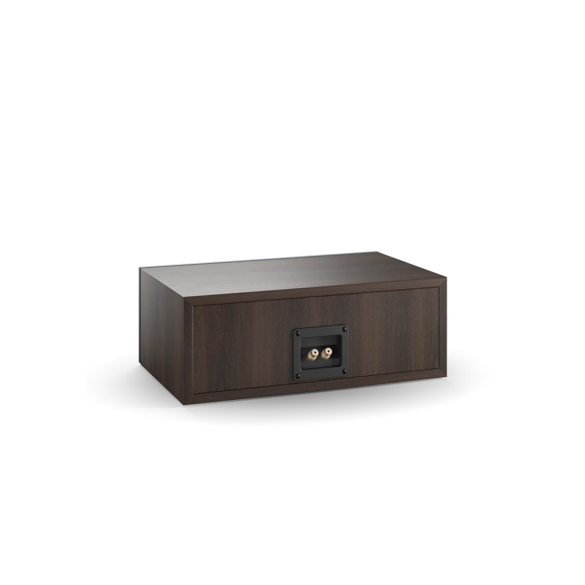Spatele boxei Dali OBERON Vokal în culoarea nuc închis, arată conectorii pentru cabluri audio.