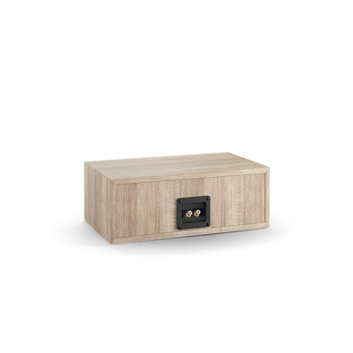 Spatele boxei Dali OBERON Vokal în finisaj stejar deschis, arată conectorii pentru cabluri audio.