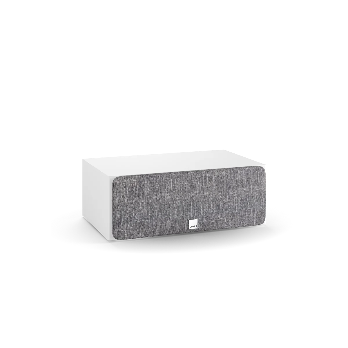 Boxă centrală Dali OBERON Vokal, vedere frontală, culoare albă cu grilaj gri, ideală pentru home theater.