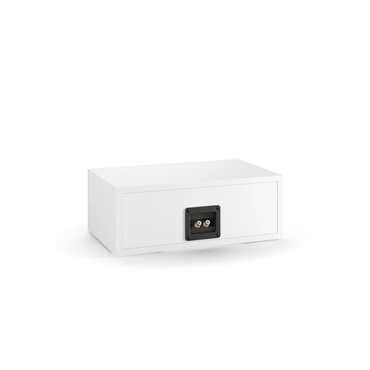 Spatele boxei centru Dali OBERON Vokal, culoare albă, arată conectorii de intrare pentru cabluri audio.