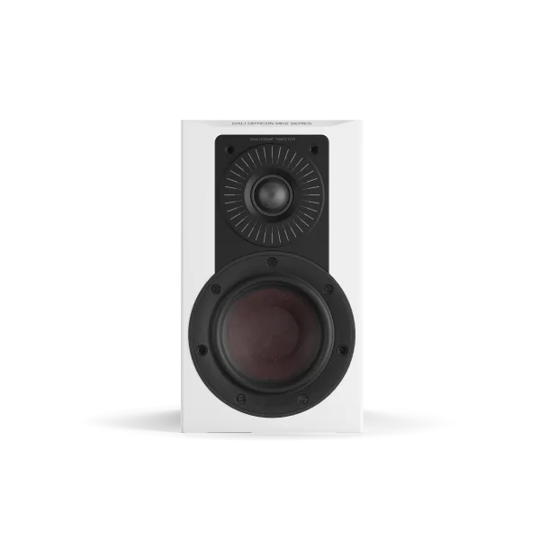 Dali OPTICON 1 MK2 Boxe de raft, vedere frontală, finisaj alb satin, tweeter și woofer vizibile.