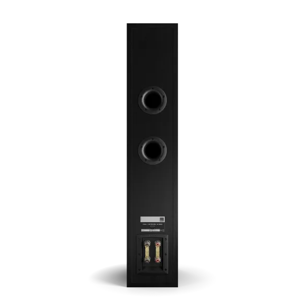Spatele boxei Dali OPTICON 6 MK2, culoare black ash, cu două porturi bass reflex și conectori vizibili.