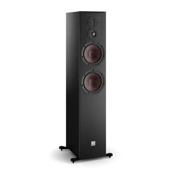 Boxa de podea Dali OPTICON 6 MK2, culoare black ash, vedere laterală, două woofere mari și tweeter.