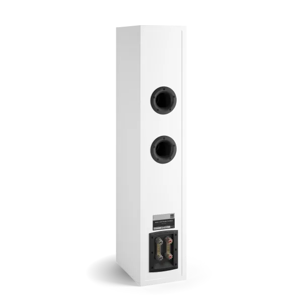 Boxa Dali OPTICON 6 MK2, vedere din spate, culoare alb satin, cu porturi de bas și conectori vizibili.