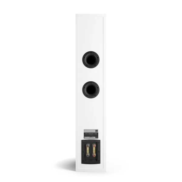 Spatele boxei Dali OPTICON 6 MK2, alb satinat, cu două porturi bass reflex și conectori pentru cabluri.
