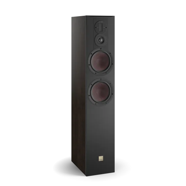 Boxa de podea Dali OPTICON 6 MK2, vedere frontală, culoare tobacco oak, cu două woofere și tweeter.