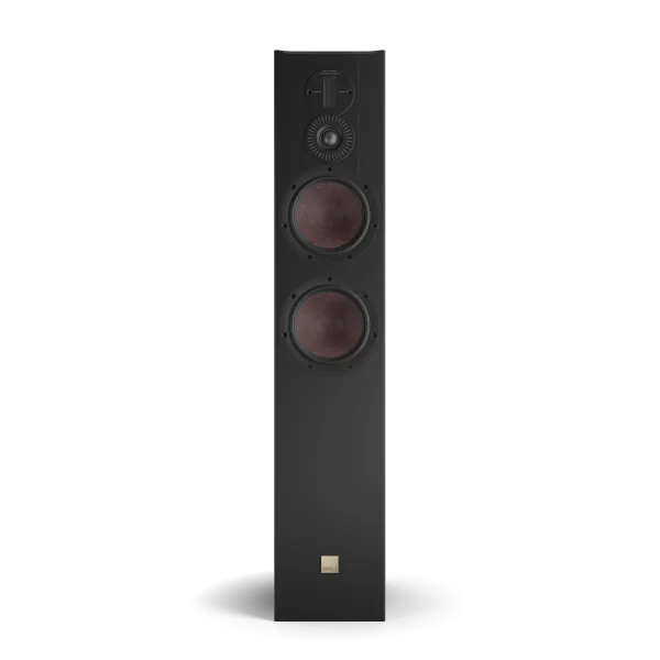Boxă de podea Dali OPTICON 6 MK2, vedere frontală, culoare tobacco oak, cu două woofere și un tweeter.
