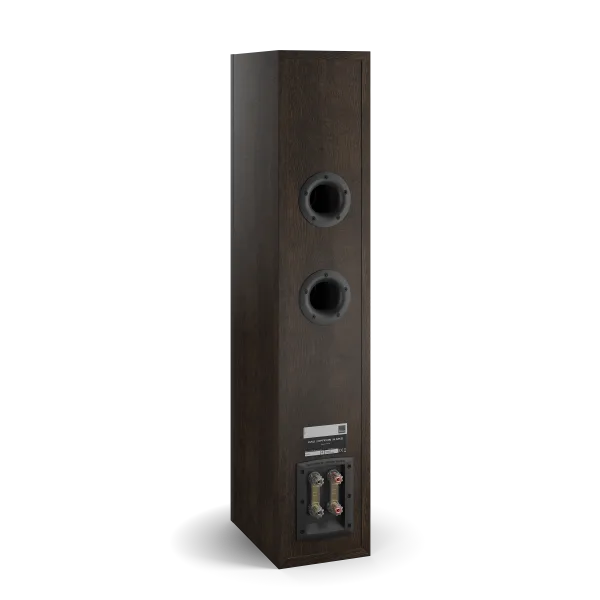 Spatele boxei Dali OPTICON 6 MK2 în culoarea tobacco oak, cu porturi bass reflex și conectori vizibili.