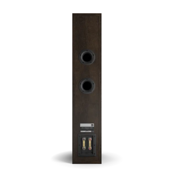 Spatele boxei Dali OPTICON 6 MK2, culoare tobacco oak, arată porturile bass reflex și conectorii audio.