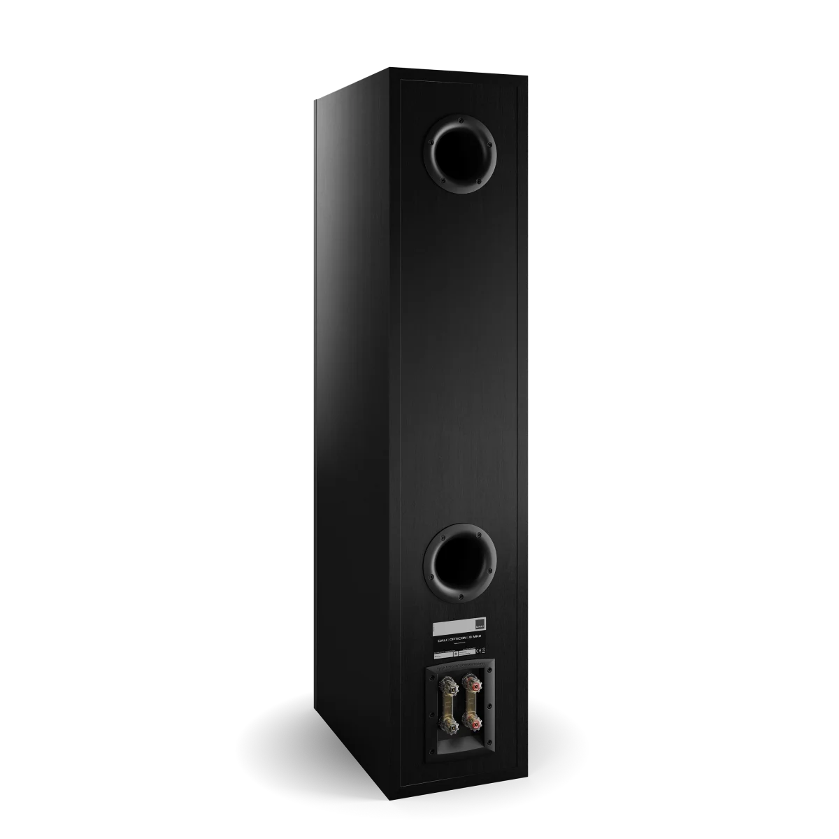 Spatele boxei Dali OPTICON 8 MK2, culoare Black Ash, arată porturile de bas reflex și conectorii audio.
