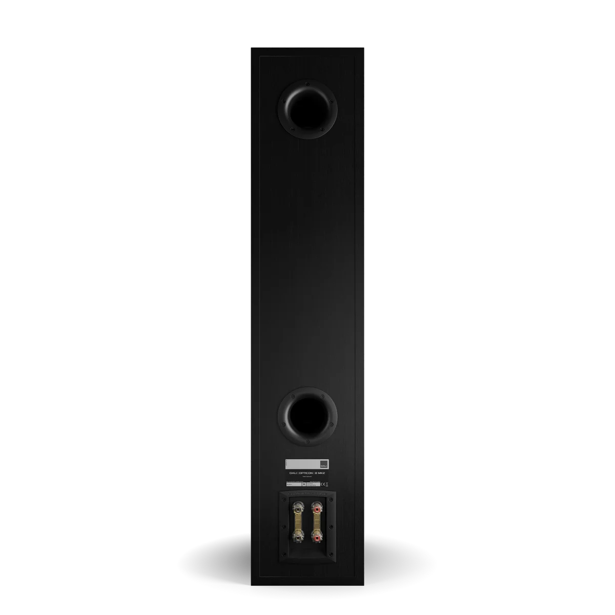 Spatele boxei Dali OPTICON 8 MK2, culoare Black Ash, cu porturi de bas reflex și conectori bi-wire.