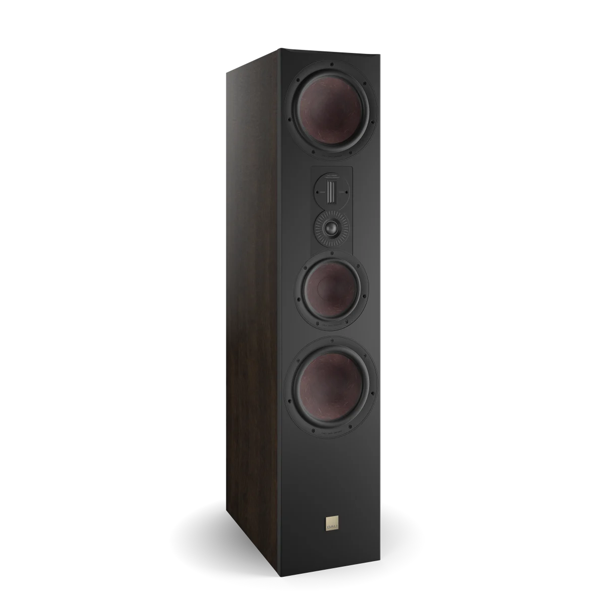 Boxă de podea Dali OPTICON 8 MK2, vedere frontală, culoare tobacco oak, cu trei difuzoare mari vizibile.
