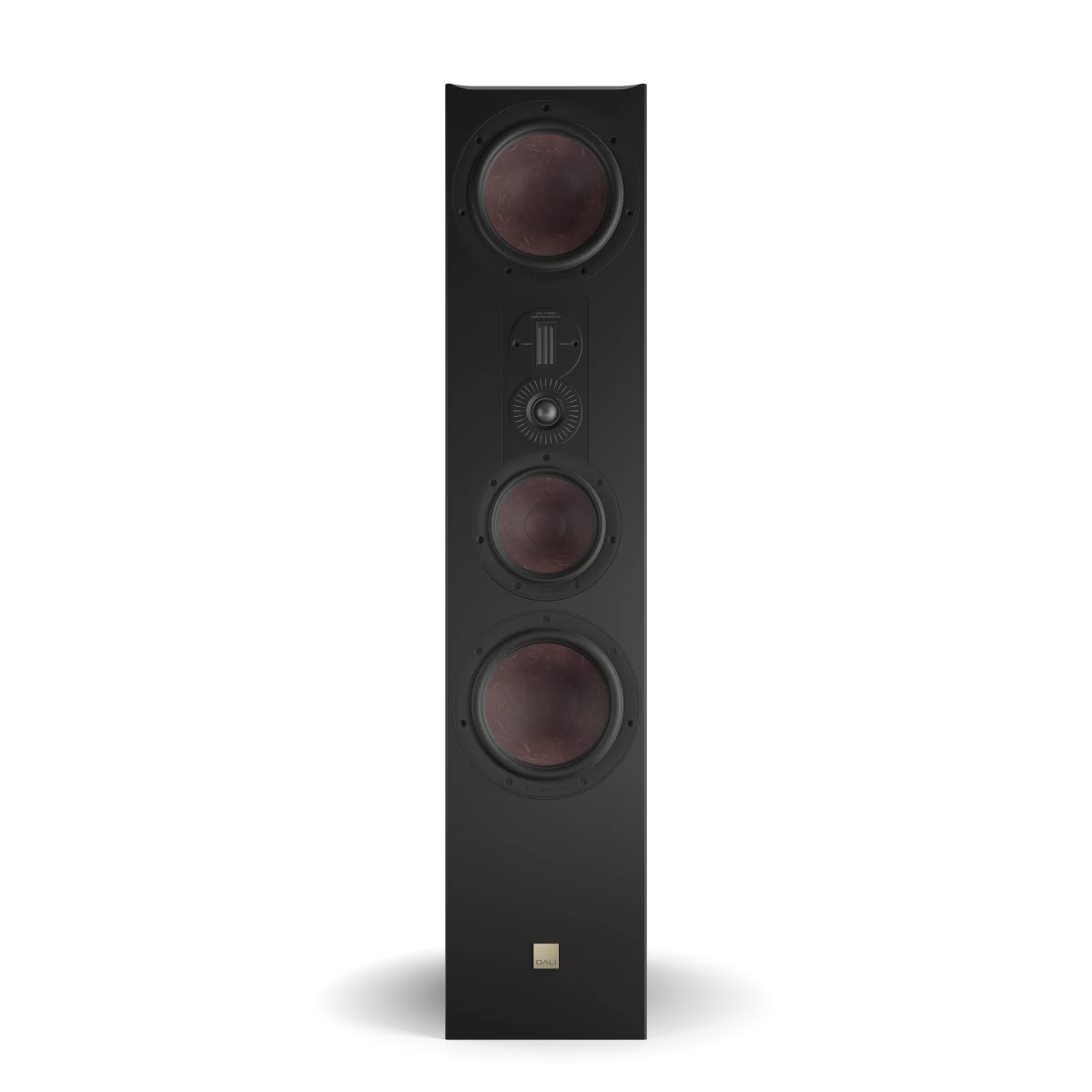 Boxa Dali OPTICON 8 MK2, vedere frontală, culoare tobacco oak, trei woofere mari și un tweeter central.