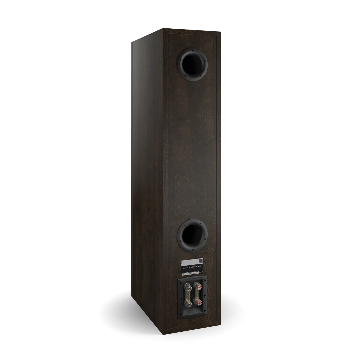 Spatele boxei Dali OPTICON 8 MK2, culoare tobacco oak, cu porturi bass reflex și conectori audio vizibili.