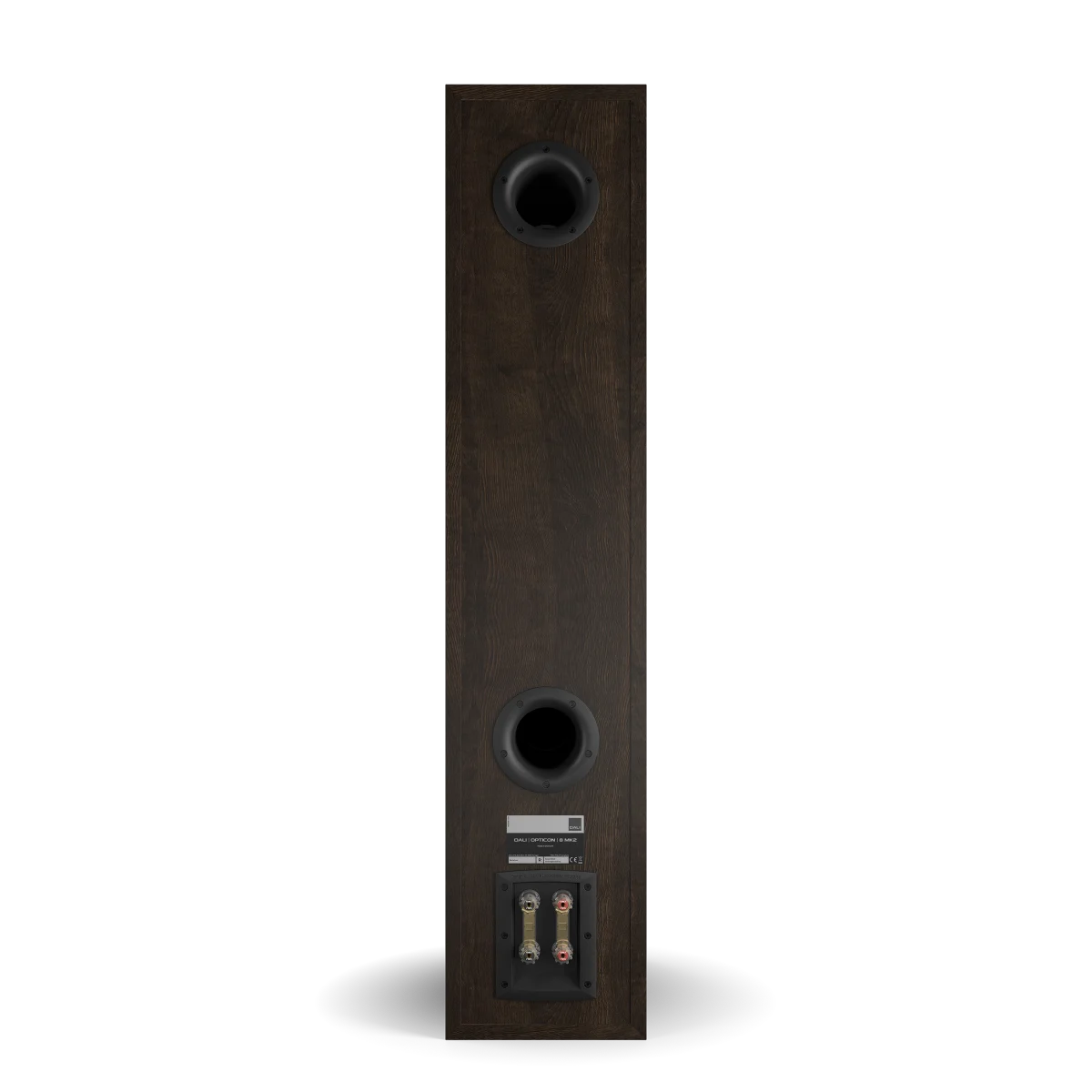 Spatele boxei Dali OPTICON 8 MK2, culoare tobacco oak, cu porturi bass reflex și conectori vizibili.