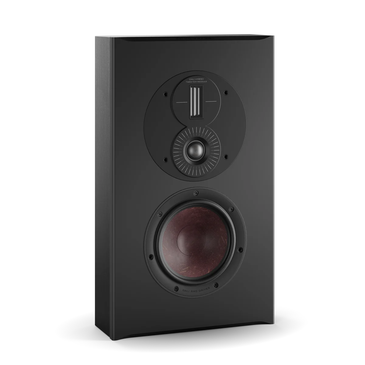 Boxa de perete Dali OPTICON LCR MK2 în finisaj Black Ash, vedere frontală, cu difuzor și tweeter vizibile.#color_black-ash