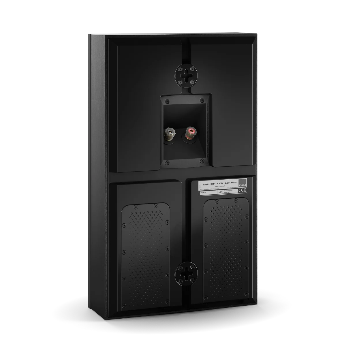 Spatele boxei Dali OPTICON LCR MK2 în finisaj Black Ash, cu conectori de cablu vizibili și panou de montare.