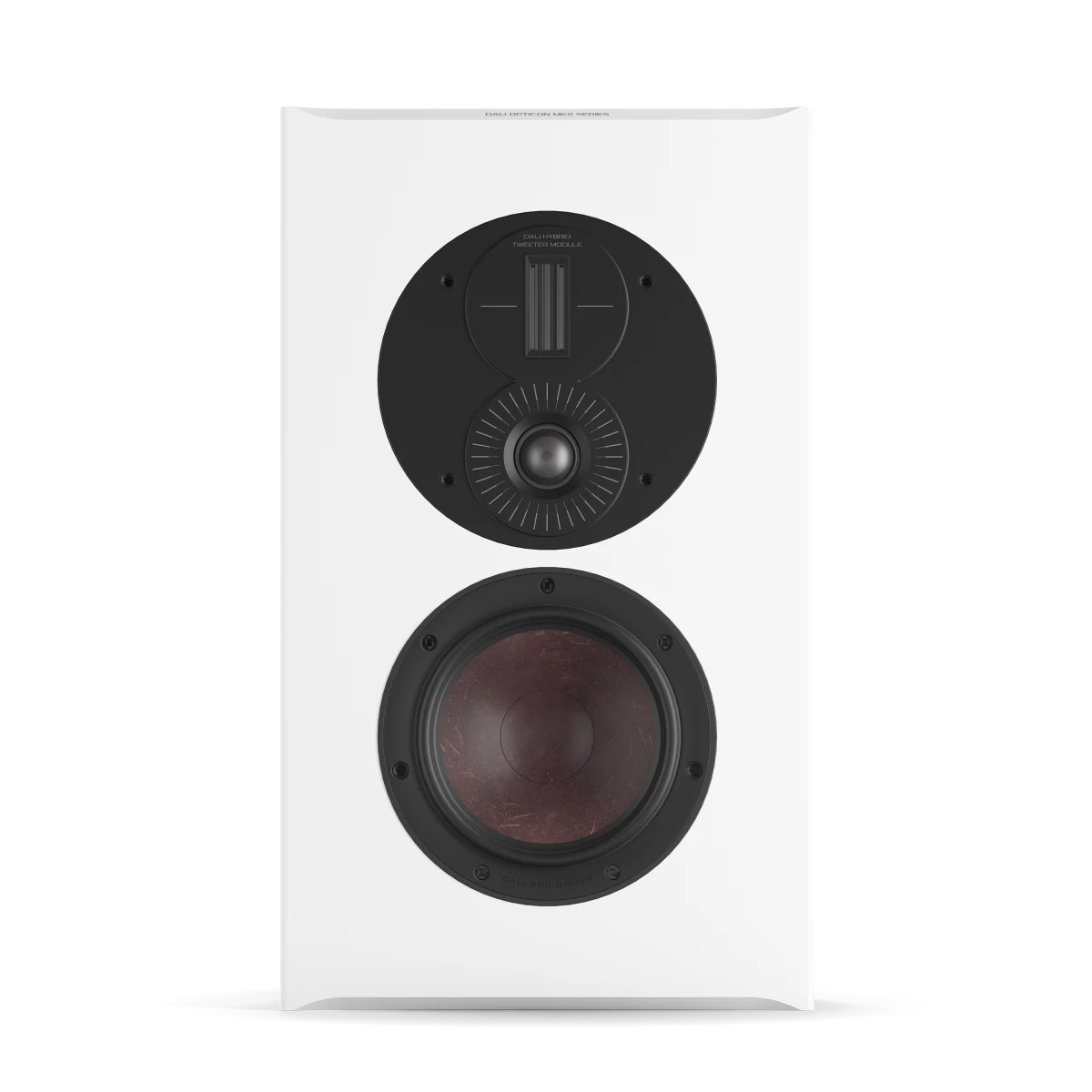 Boxa Dali OPTICON LCR MK2, față alb satin, două difuzoare vizibile: tweeter și woofer maro.