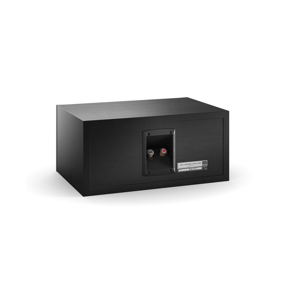 Spatele boxei Dali OPTICON VOKAL MK2, culoare black ash, arată conectorii de intrare și eticheta produsului.