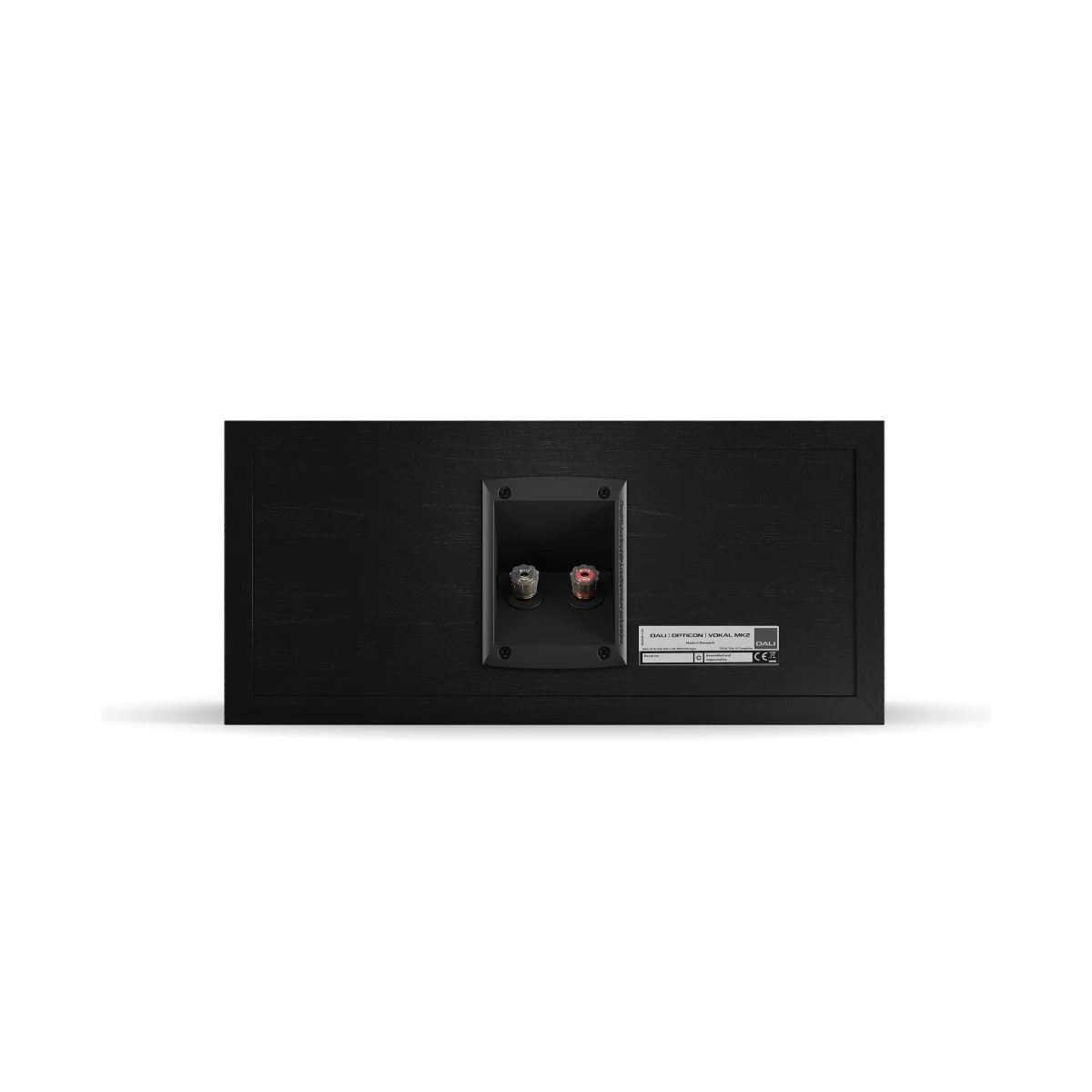 Dali OPTICON VOKAL MK2, vedere spate, culoare Black Ash, conexiuni terminale vizibile, etichetă specificații.