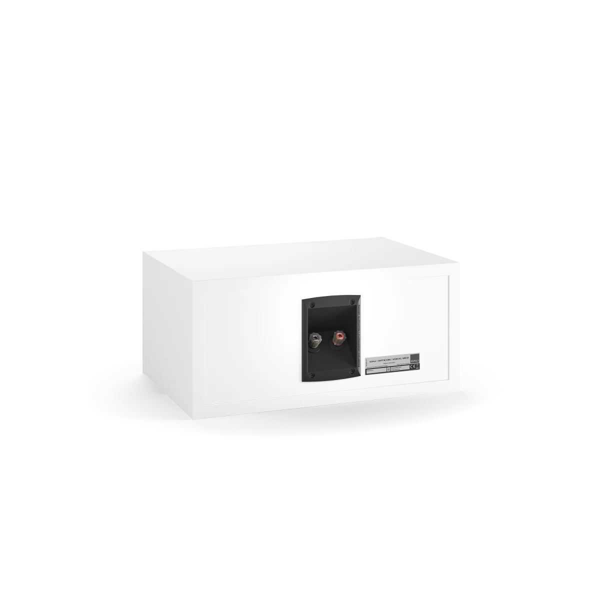 Spatele boxei Dali OPTICON VOKAL MK2, culoare alb satin, cu conectori și etichetă specificații vizibile.