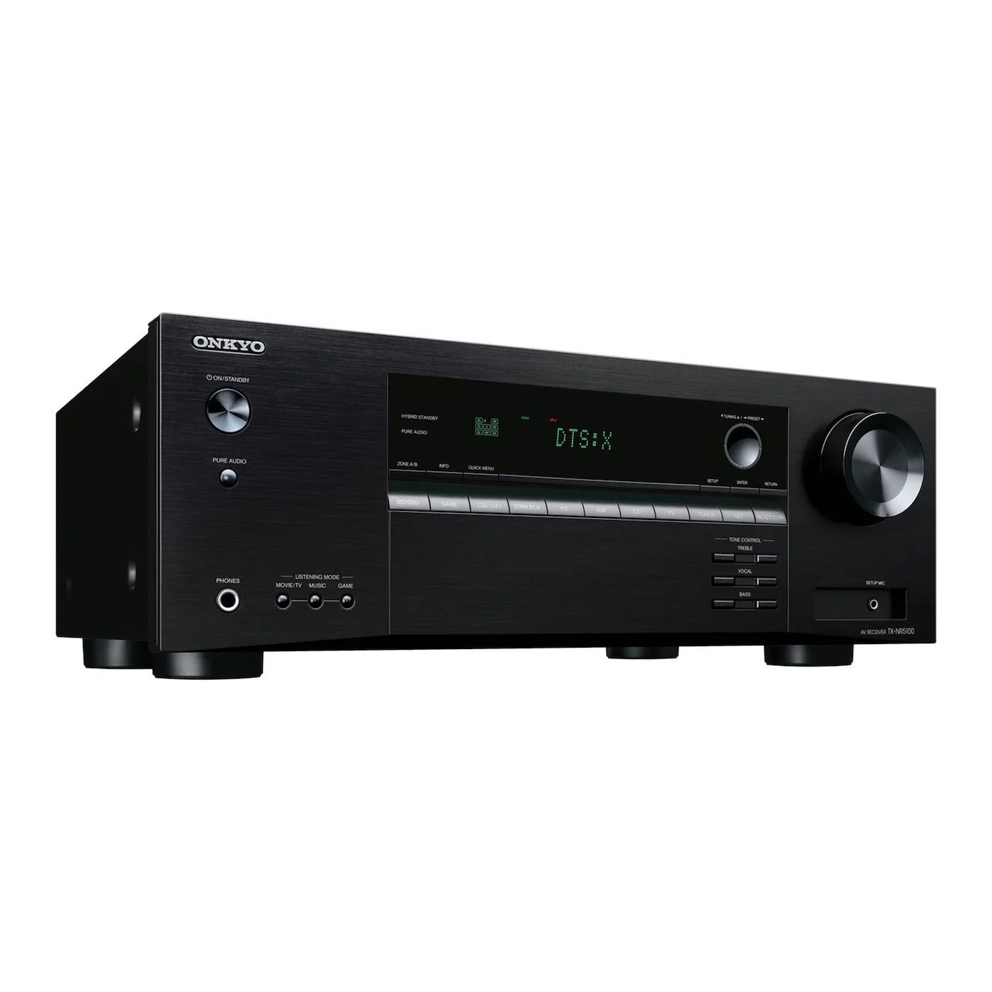 Receiver AV Onkyo TX-NR5100 negru, vedere din dreapta față, afișaj DTS:X, butoane și control volum.