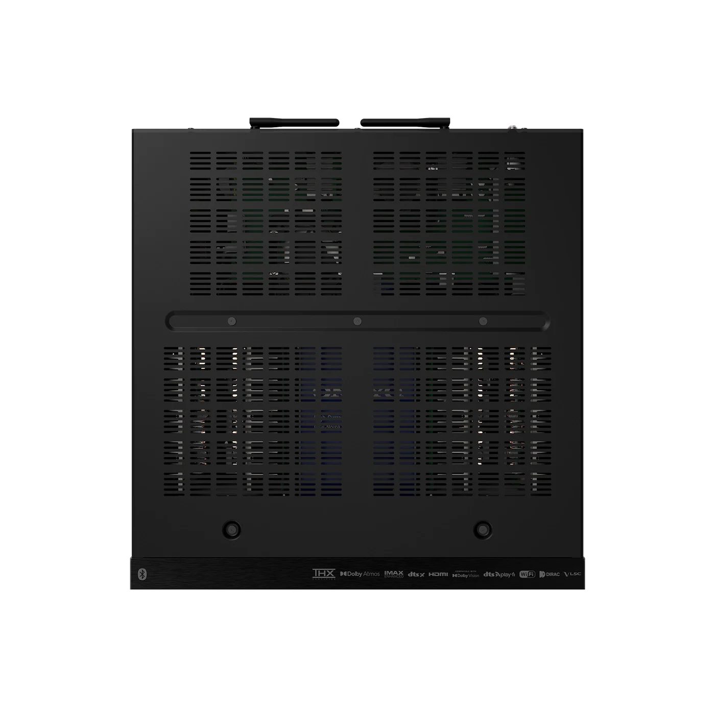 Vedere de sus a receiverului AV Onkyo TX-RZ70 negru, cu grile de ventilație și logo-uri THX, Dolby.