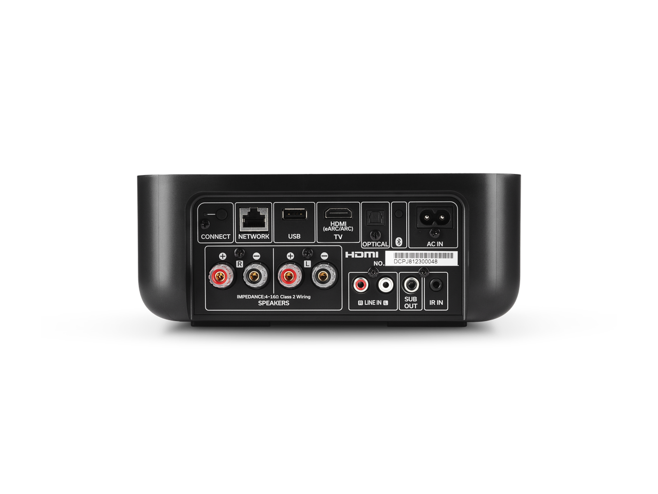 Denon Home Amp, vedere din spate, culoare neagră, conectori HDMI, USB, rețea, ieșiri audio și AC.