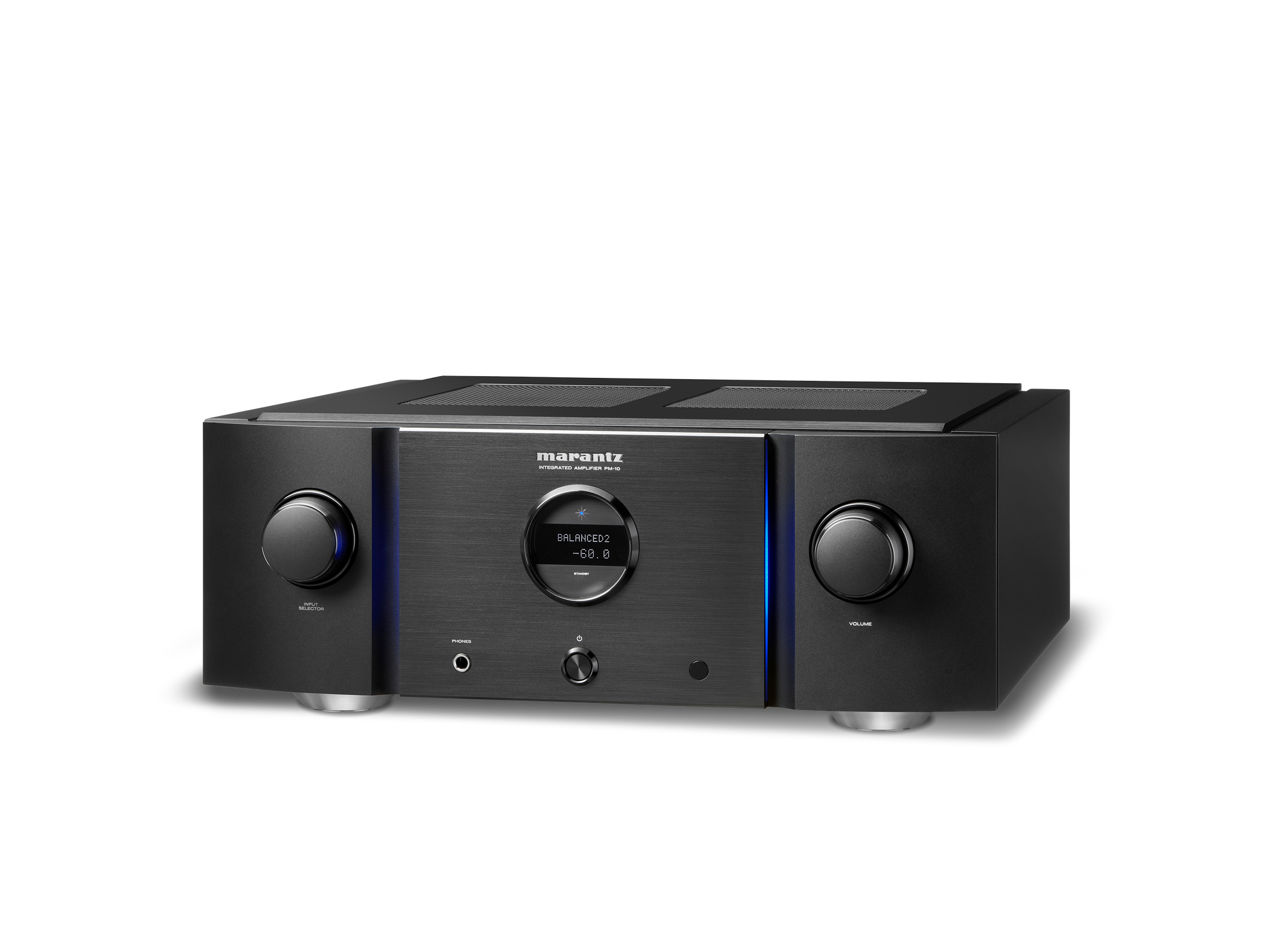 Amplificator Marantz PM-10 negru, vedere din studio, orientat spre stânga. Afișaj digital și butoane vizibile.