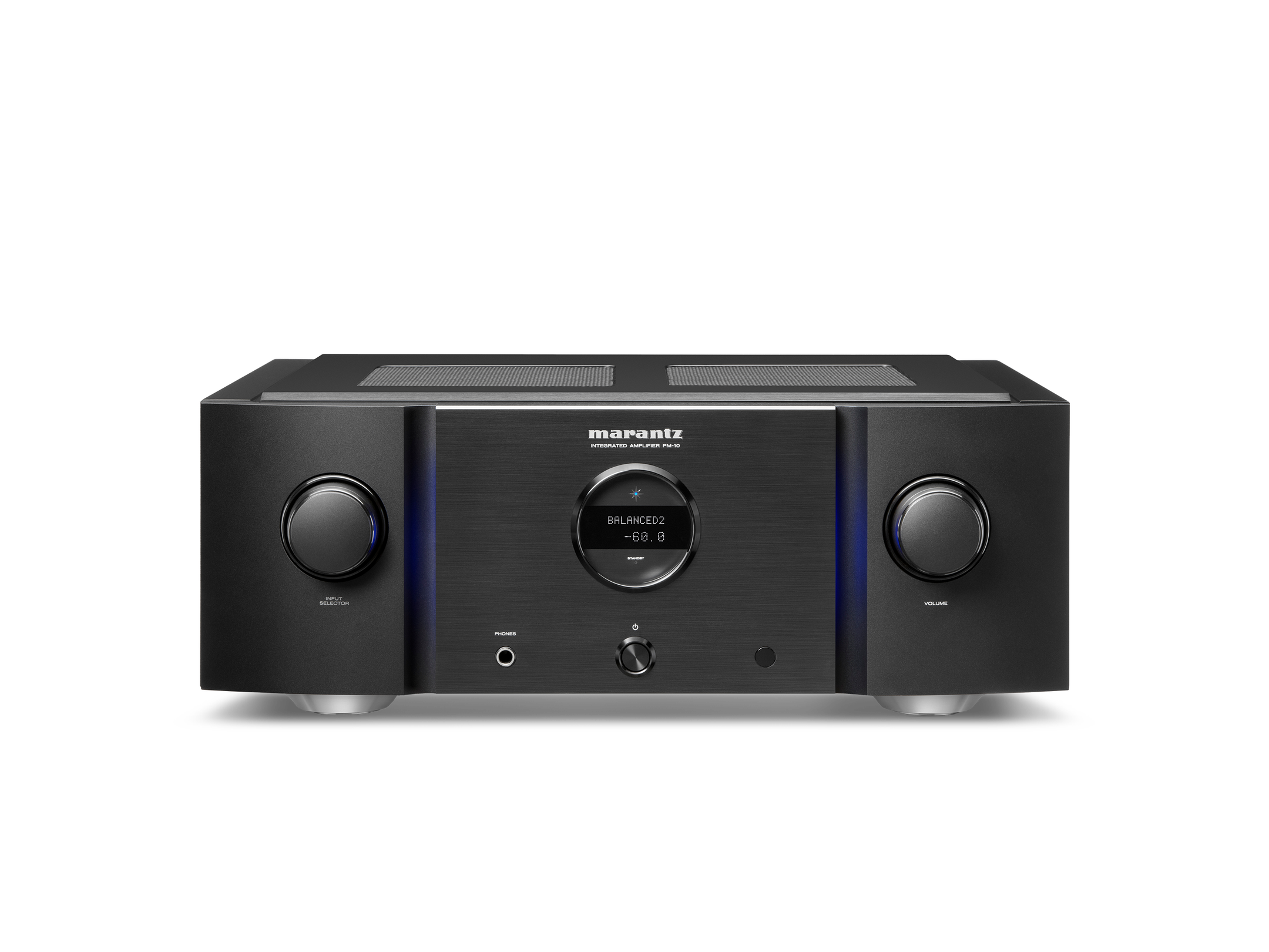 Amplificator Marantz PM-10 negru, vedere frontală, butoane de volum și selecție sursă vizibile.
