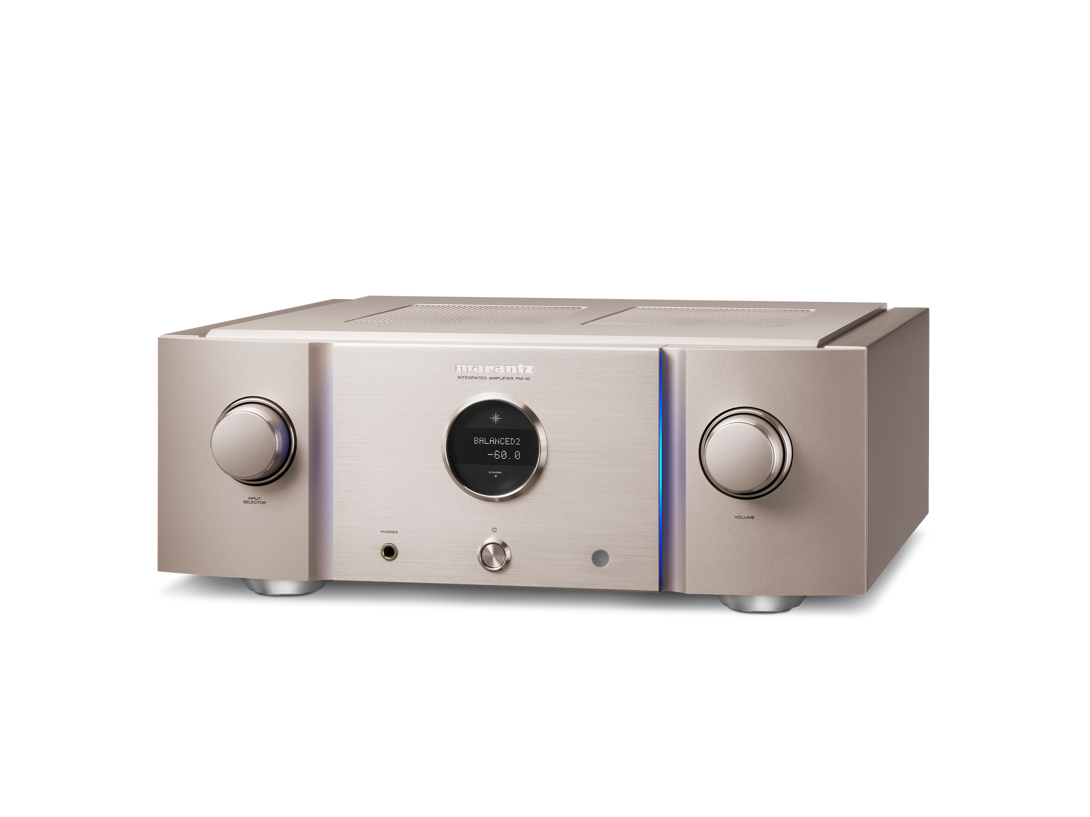 Amplificator Marantz PM-10 argintiu, vedere din studio, unghi stânga, butoane mari și afișaj central.