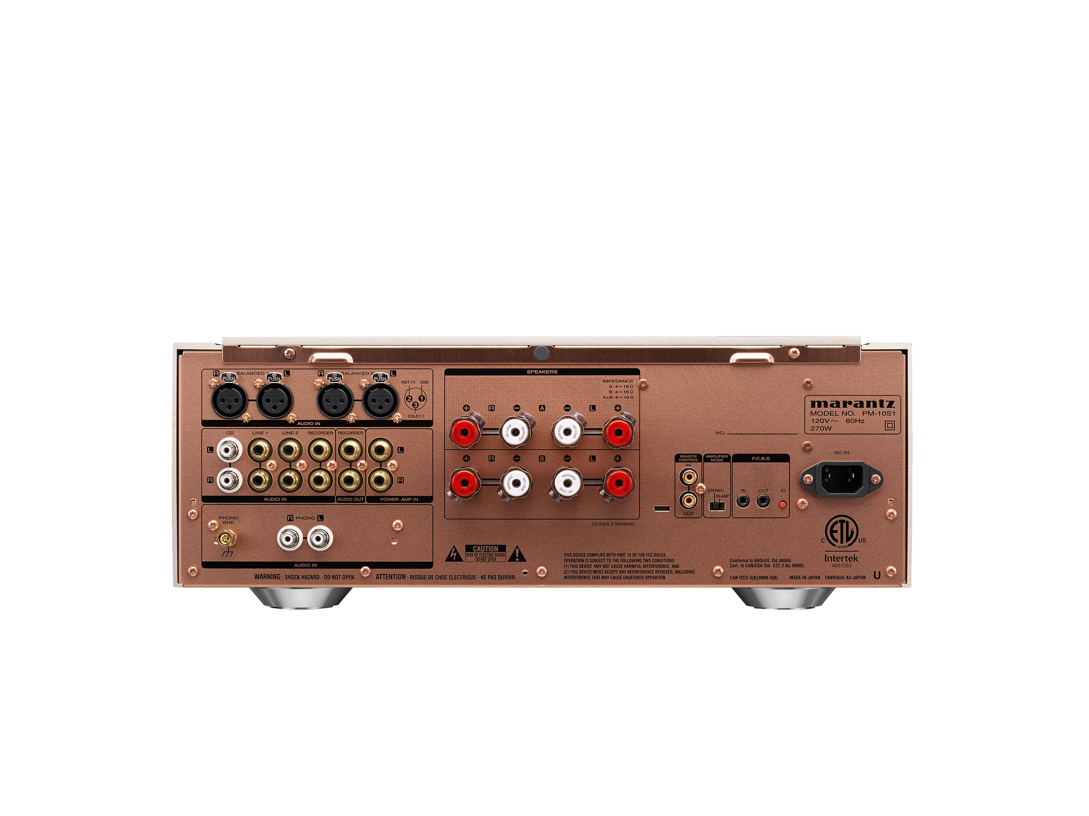 Panoul din spate al amplificatorului Marantz PM-10 argintiu, cu multiple intrări audio și conectori XLR.