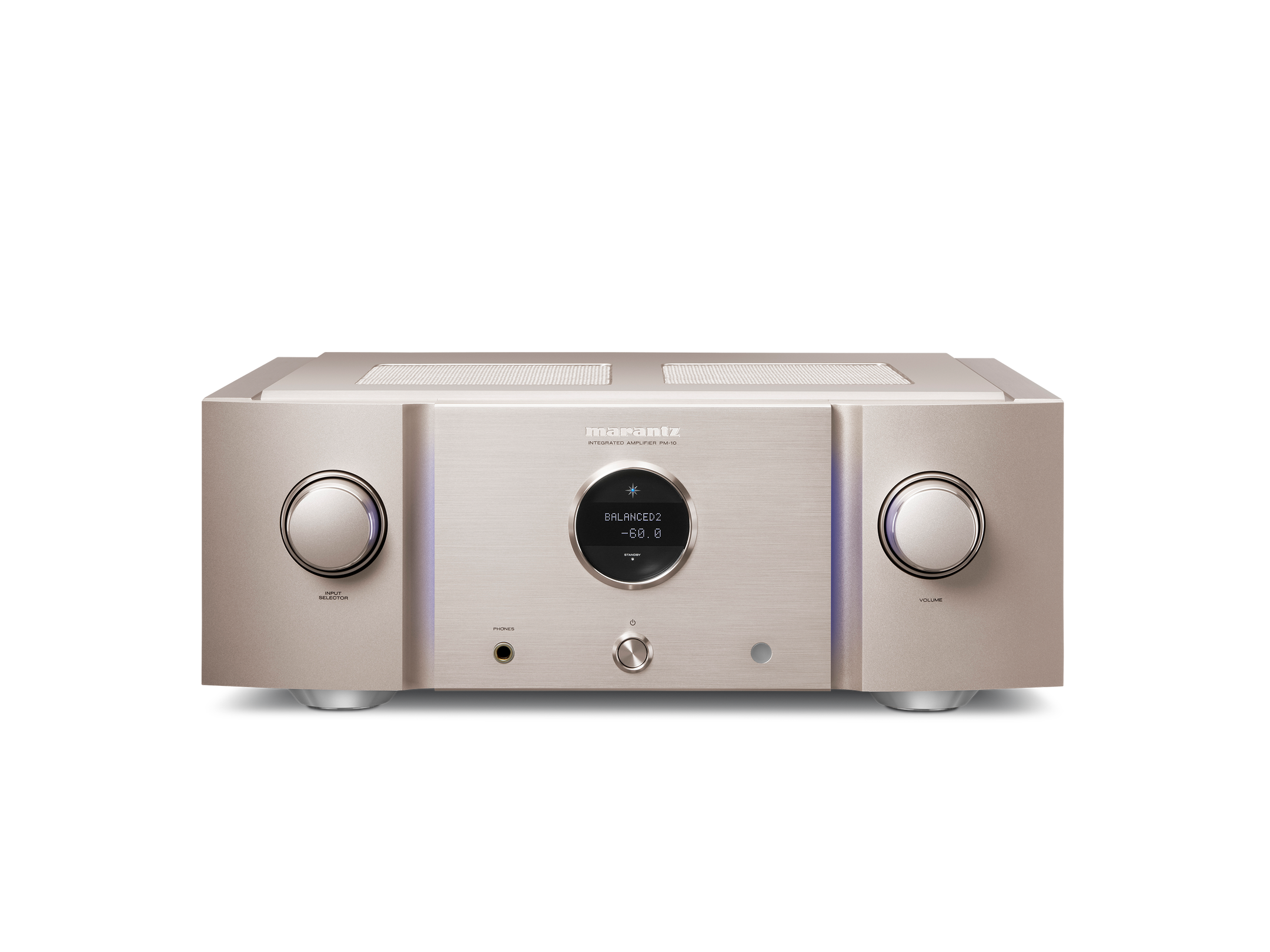 Amplificator Marantz PM-10 argintiu, vedere frontală, butoane de volum și selecție, afișaj central.
