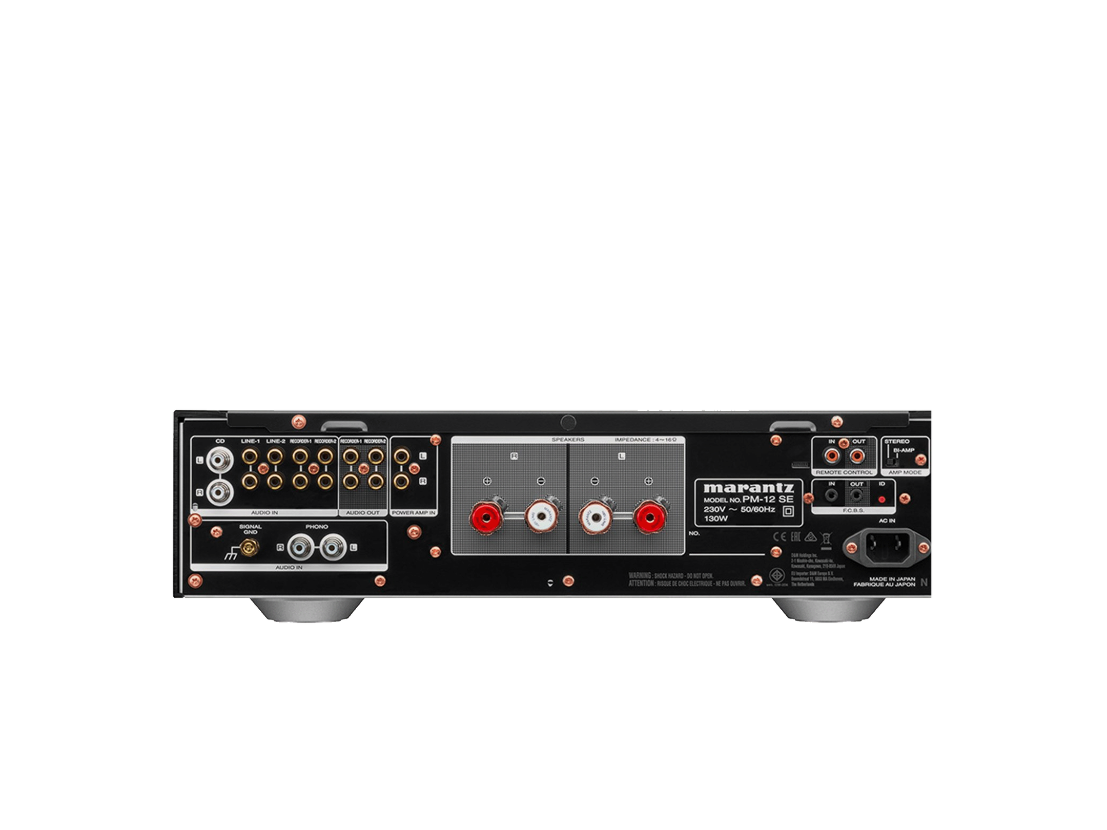 Panou spate negru Marantz PM-12 SE Amplificator, conexiuni RCA, terminale boxe, intrări audio și alimentare.