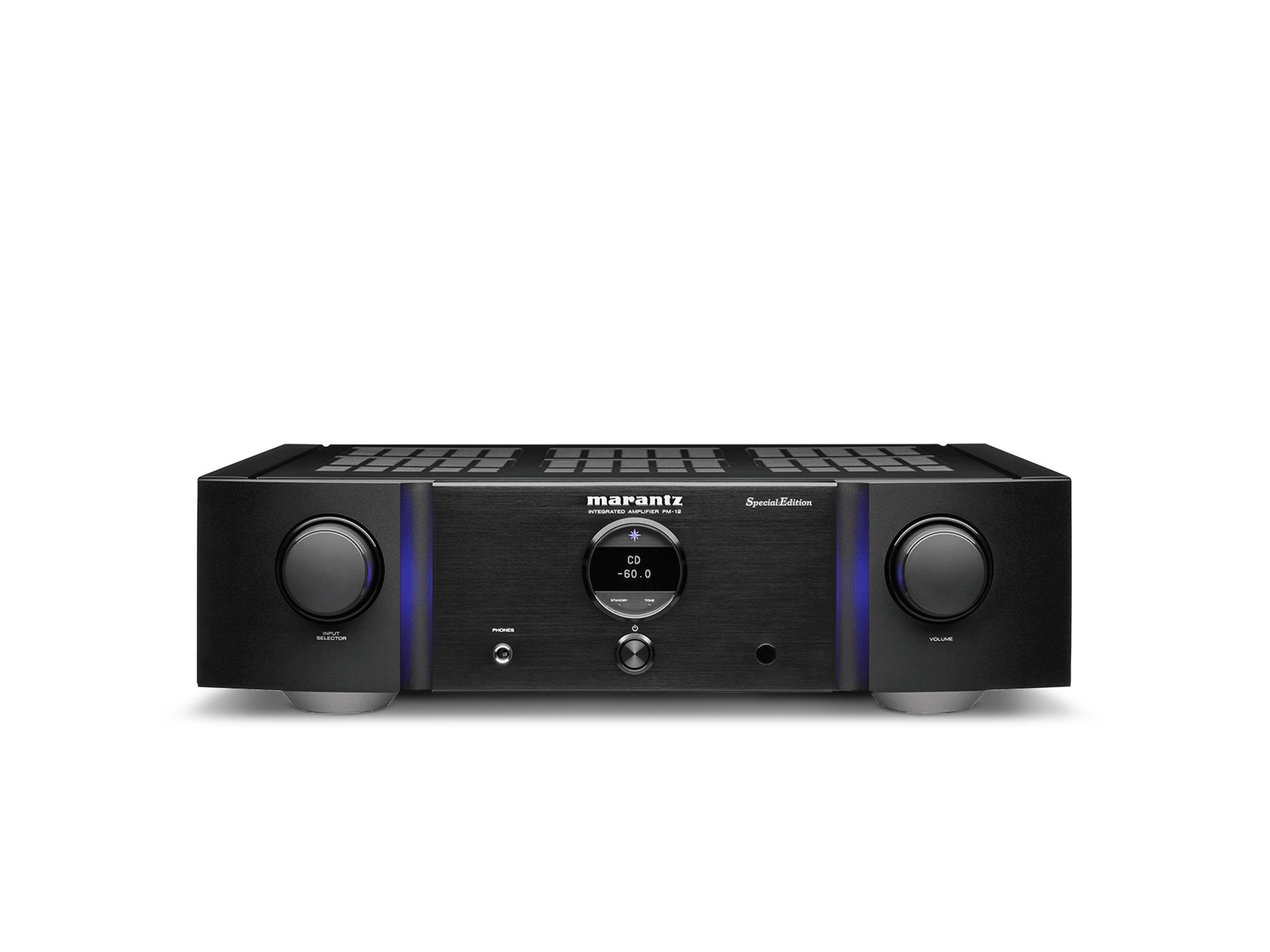 Amplificator Marantz PM-12 SE negru, vedere frontală, butoane volum și selecție sursă vizibile.#color_black