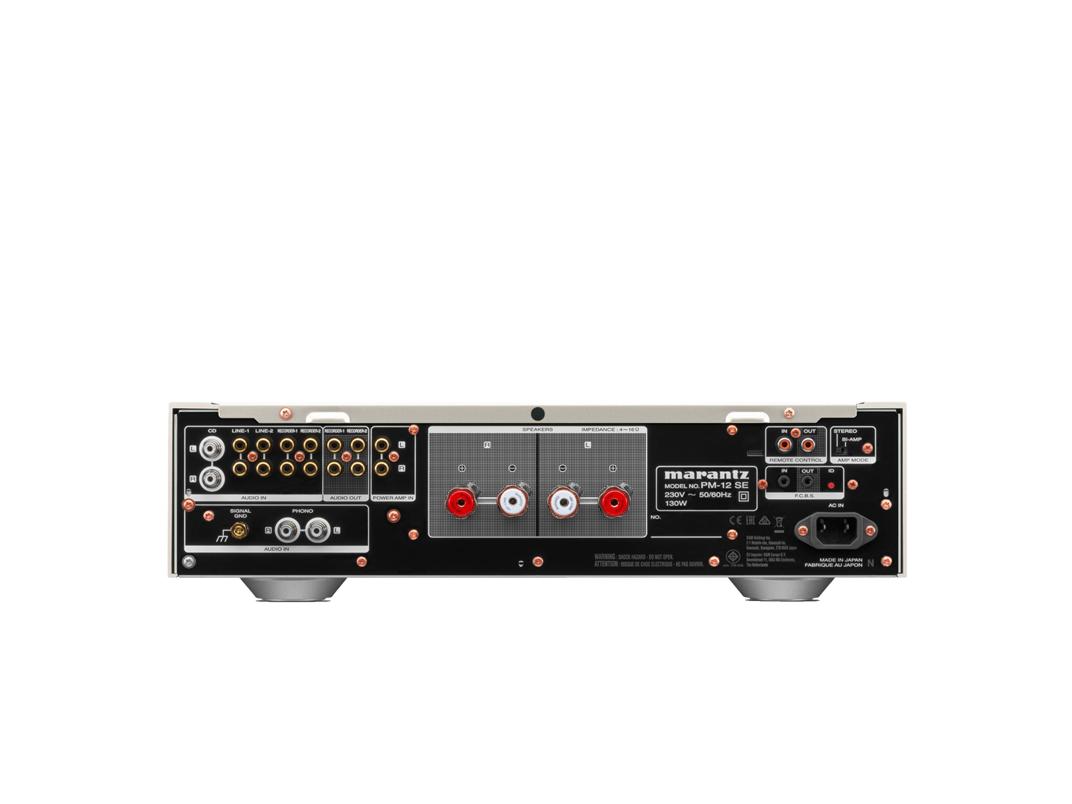 Panoul din spate al amplificatorului Marantz PM-12 SE argintiu, cu intrări audio și conectori difuzoare.