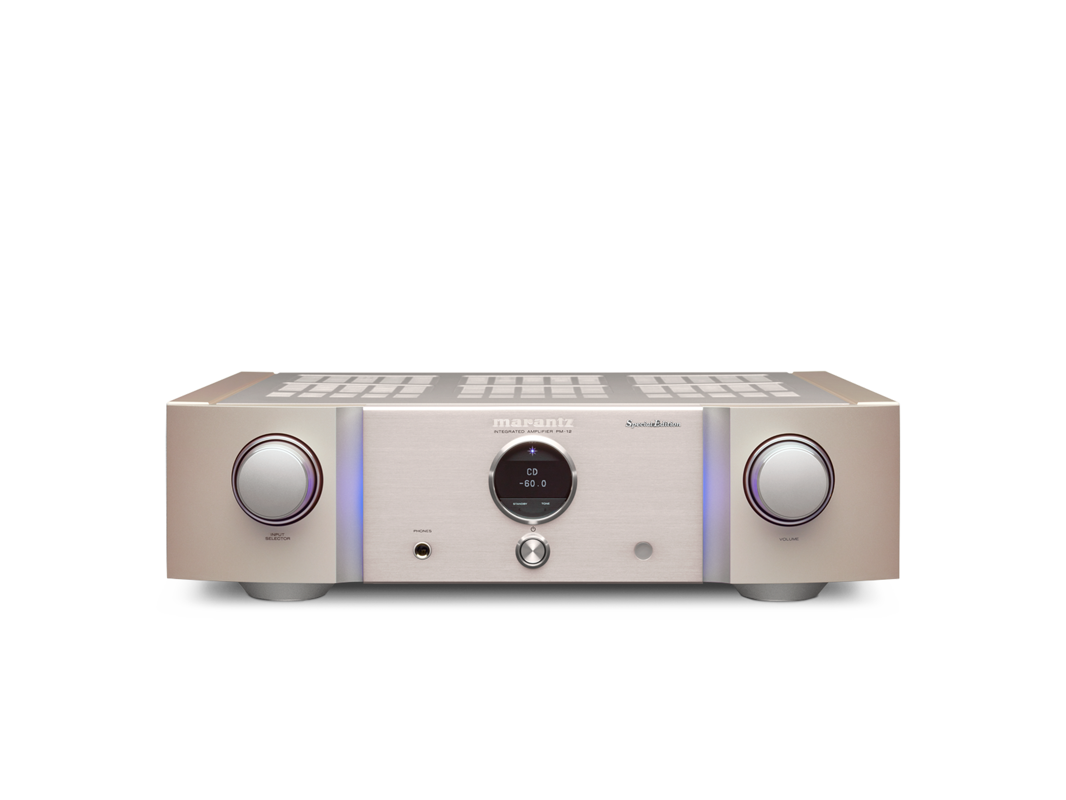 Amplificator Marantz PM-12 SE argintiu, vedere frontală, cu butoane de volum și afișaj central vizibile.