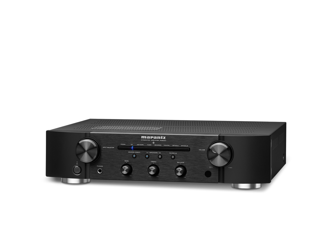 Amplificator Marantz PM6007 negru, vedere din studio, orientat spre stânga, butoane control vizibile.