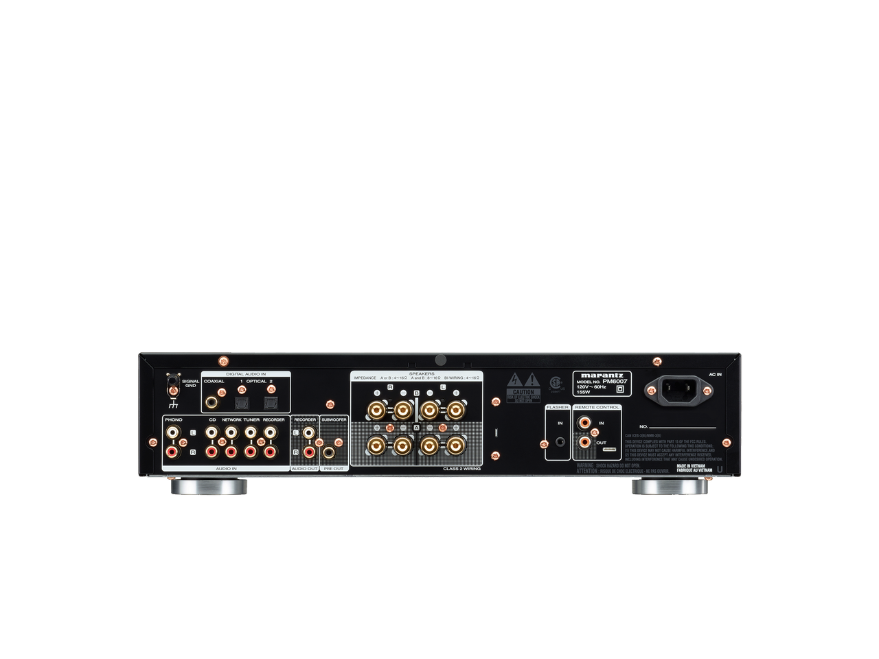 Panou spate Marantz PM6007 Amplificator negru, conectori RCA, intrări digitale optice și coaxiale, ieșiri difuzoare.