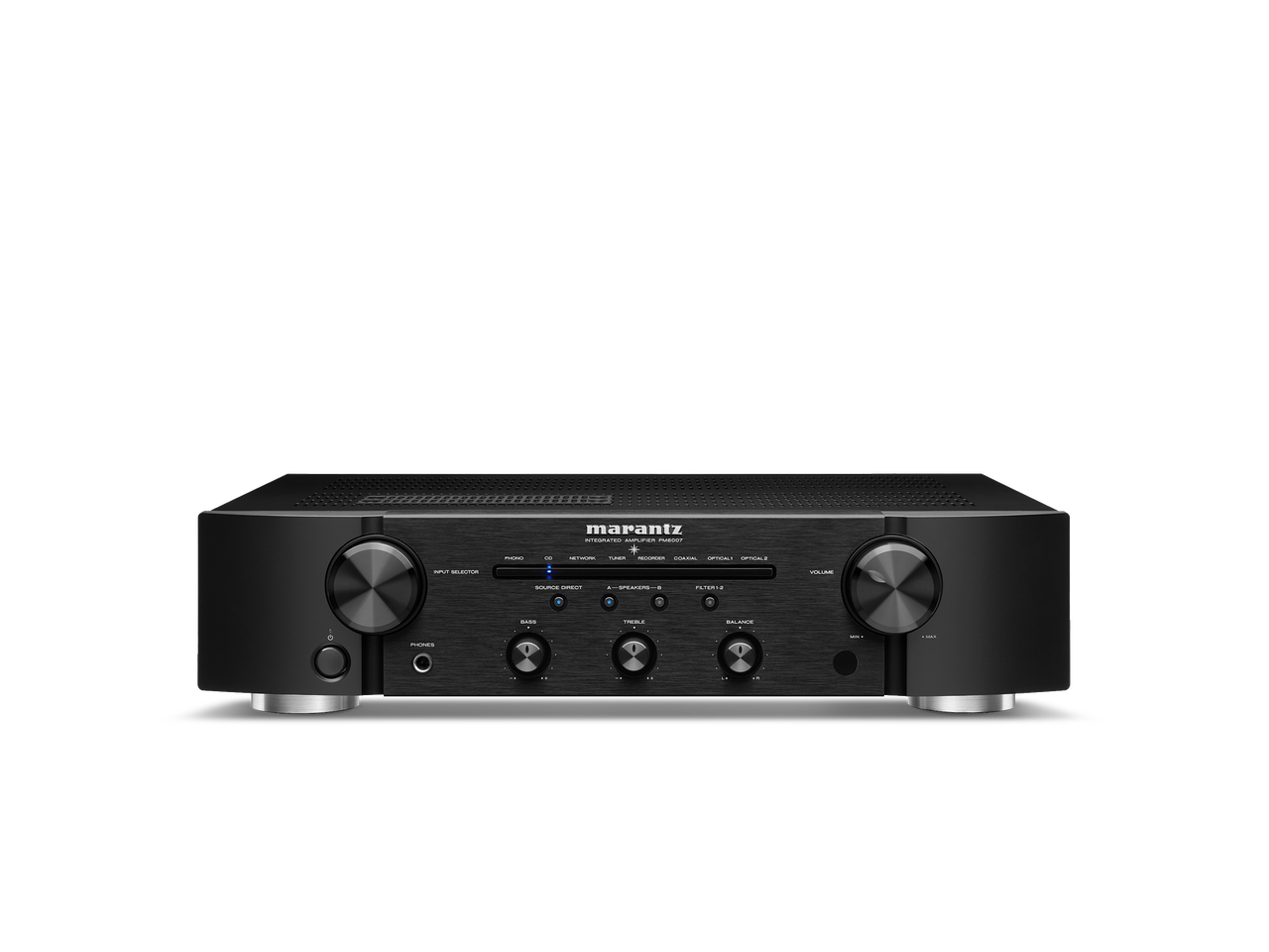 Amplificator Marantz PM6007 negru, vedere frontală, butoane de control volum și selecție intrare vizibile.#color_black