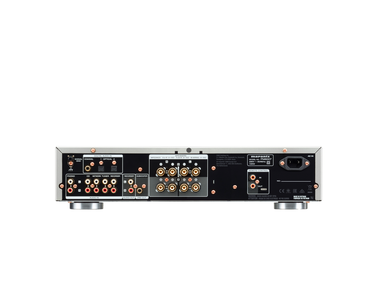 Panoul din spate al amplificatorului Marantz PM6007 argintiu, cu multiple intrări audio și ieșiri pentru boxe.