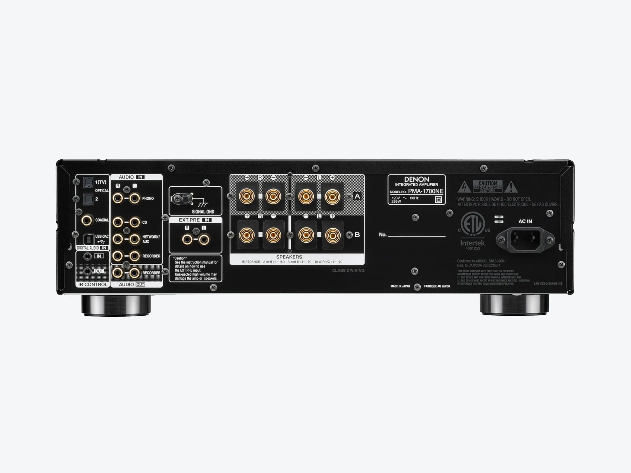 Spatele amplificatorului Denon PMA-1700NE negru, arată conexiuni audio, intrări optice și coaxiale, porturi USB-DAC.