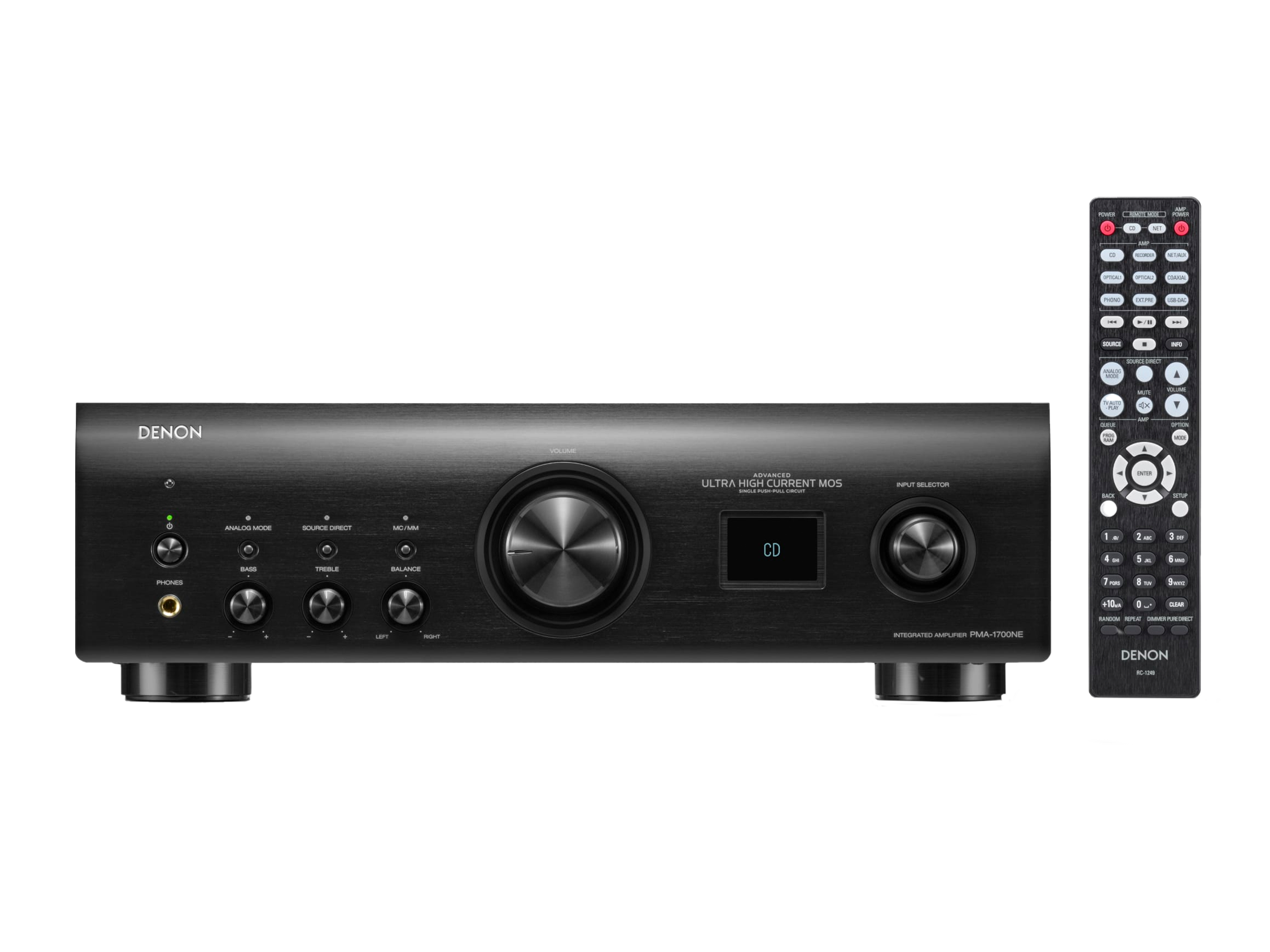 Amplificator Denon PMA-1700NE negru, vedere frontală cu telecomandă. Afișaj digital și controale vizibile.
